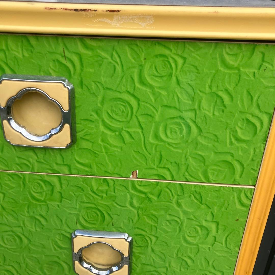 昭和レトロ 薔薇柄 花柄 木製チェスト 6段7杯 タンス 古家具 ビンテージ 緑