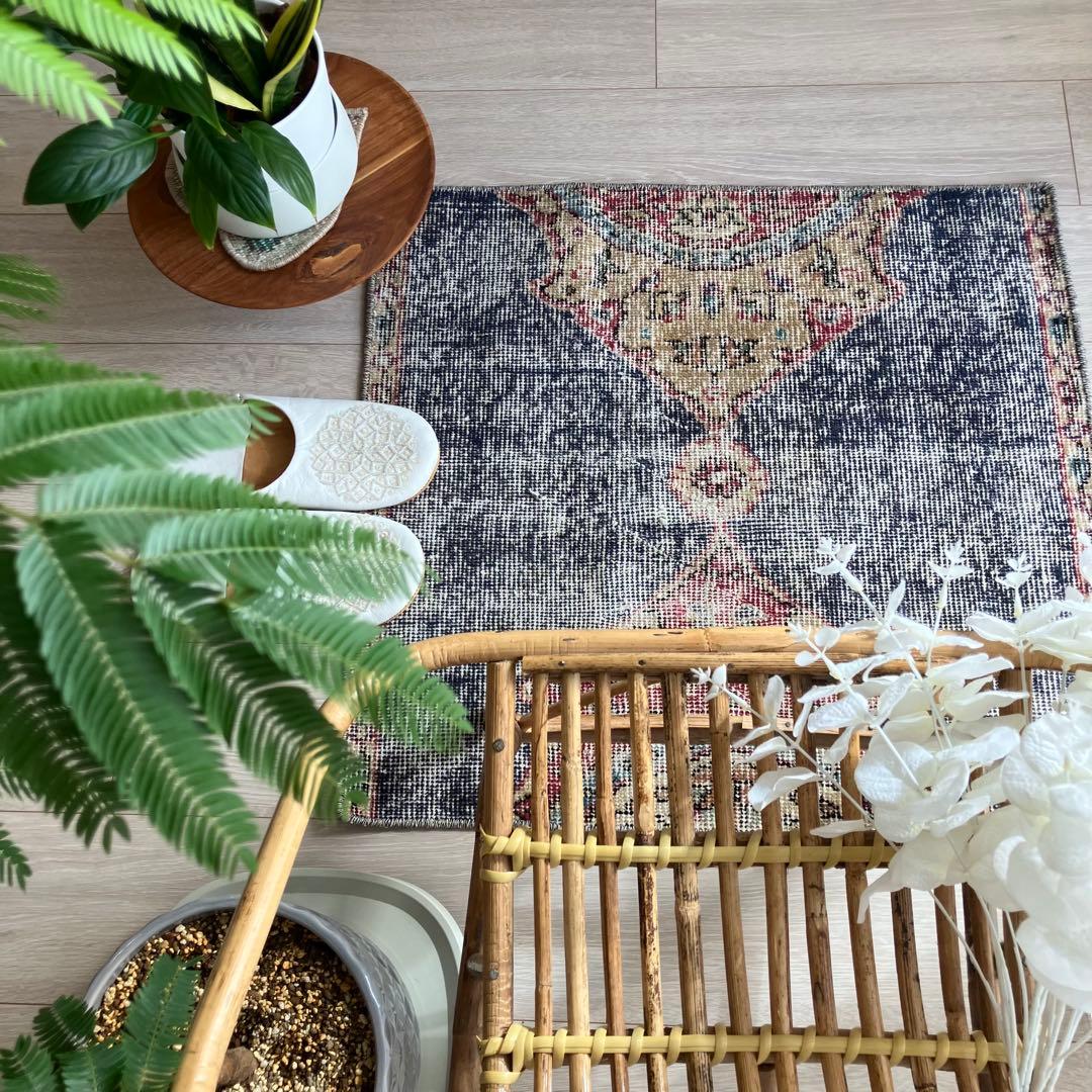 デニムブルー✳︎64×61 シャビー　キャラメル　レッド　トルコヴィンテージラグ