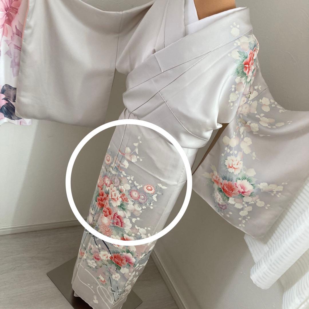 新品　淡いグレー地　訪問着　牡丹　花車文様　桜　縁起柄　小柄な方　s