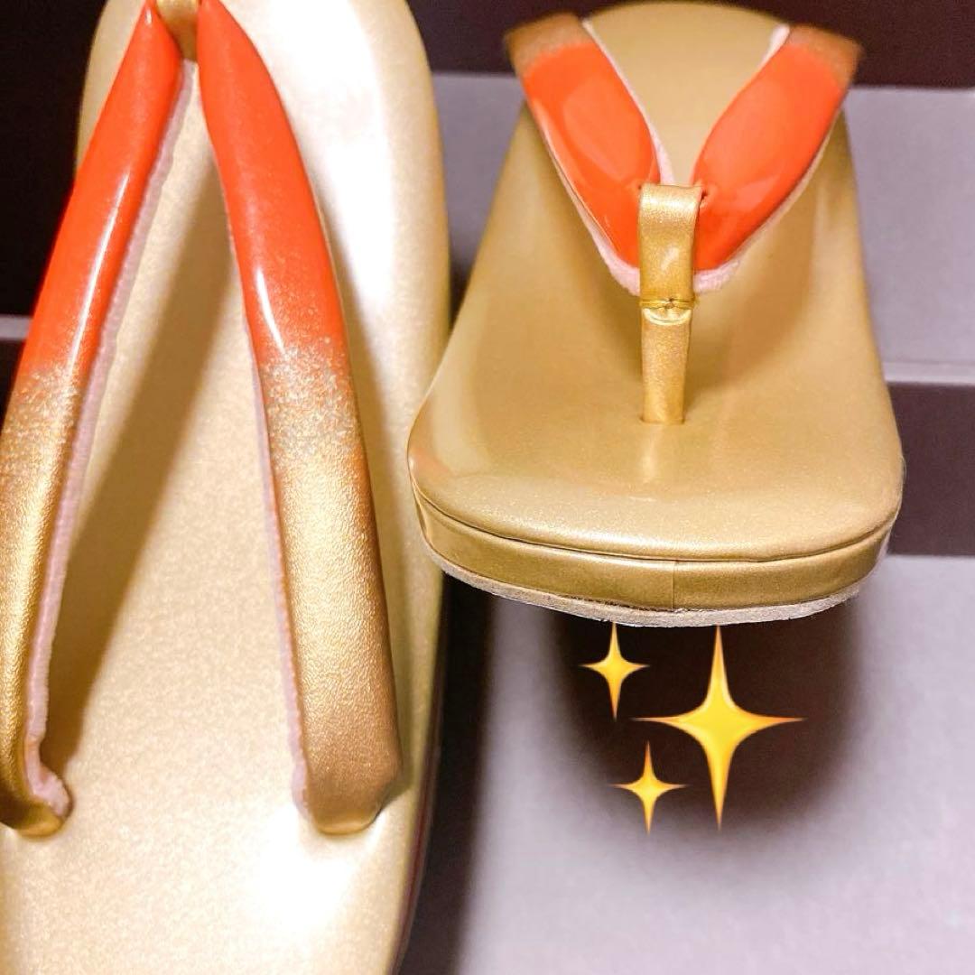 草履　バック　2点まとめてセット　ゴールド　オレンジ　箱付き　艶　光沢　着物