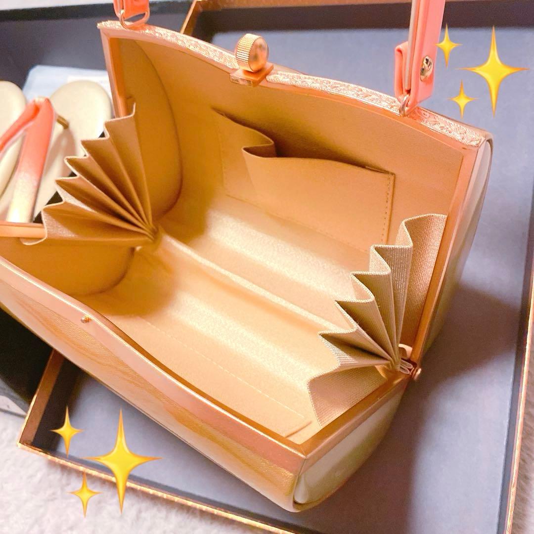 草履　バック　2点まとめてセット　ゴールド　オレンジ　箱付き　艶　光沢　着物
