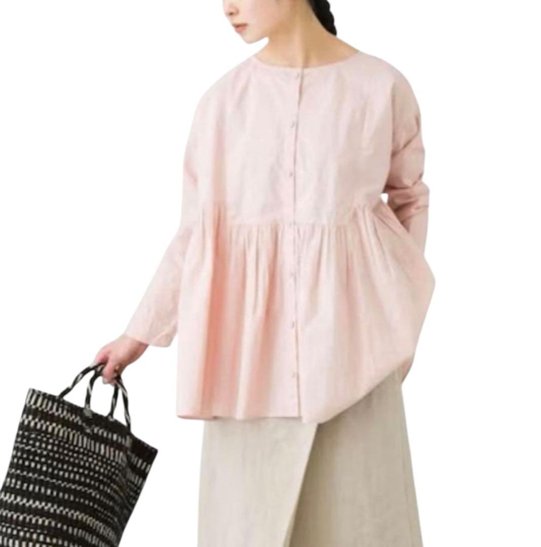 美品☆かぐれ☆コットンギャザー2WAYブラウス ピンク オーバーサイズ ペプラム