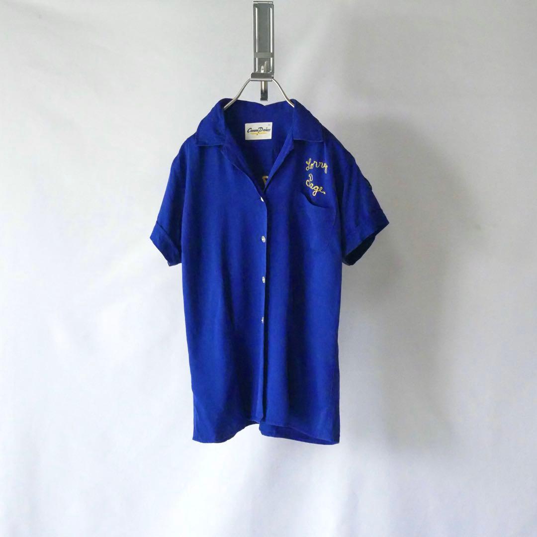 60s vintage ブルー　チェーンステッチ　レーヨン　ボーリングシャツ