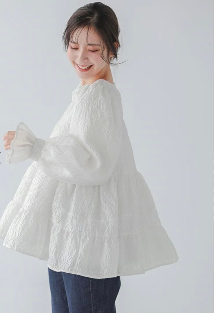 新品未使用フィットモアfitmoreタックスリーブジャガードトップス