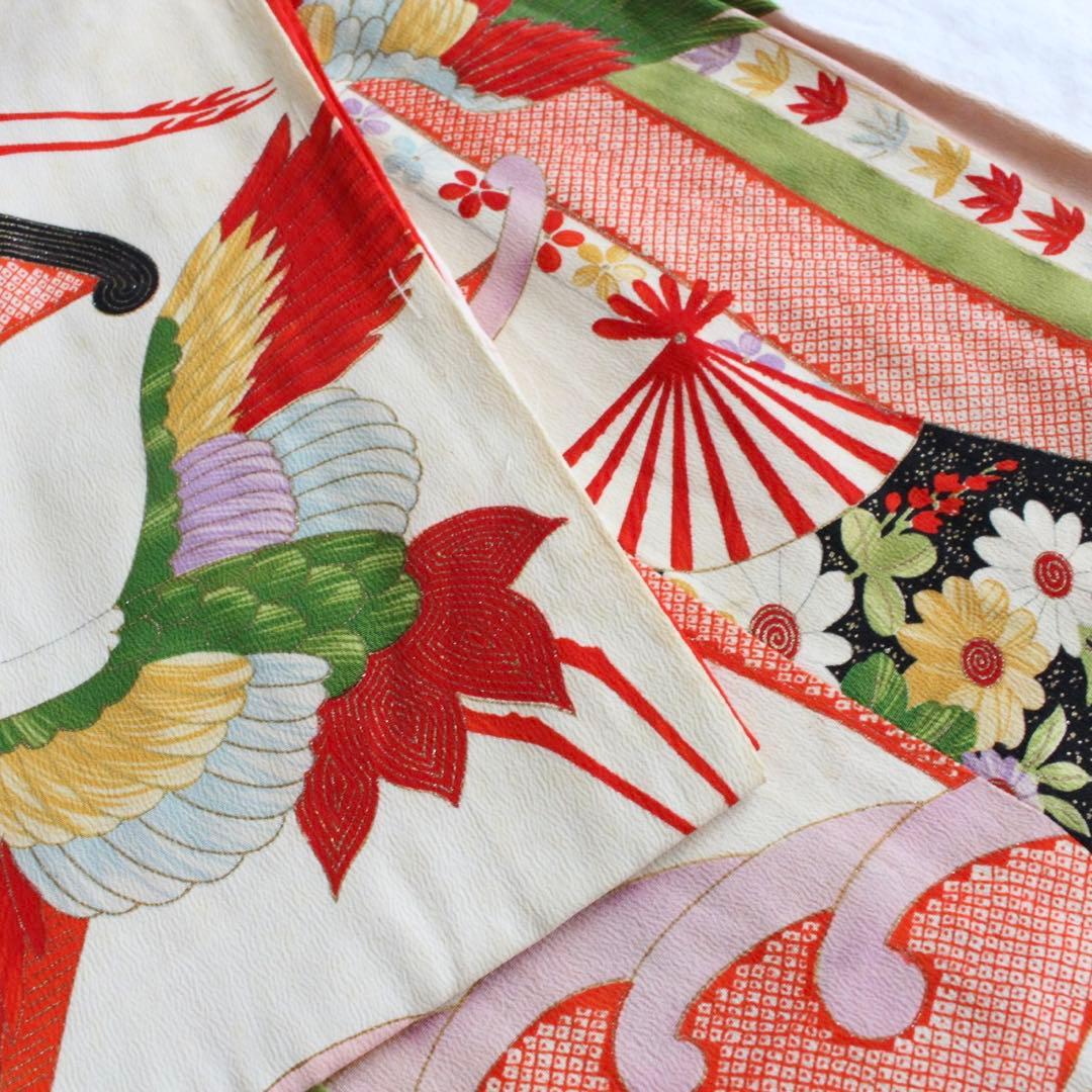 七五三 3歳 女の子 子供 アンティーク 鶴 着物 被布 セット