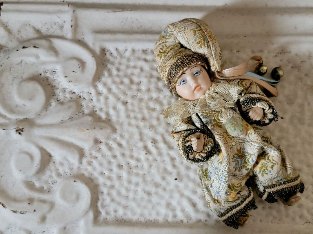 アンティーク　　ゴブラン織のピエロ服　ベビービスクドール　ドイツフランスイタリア