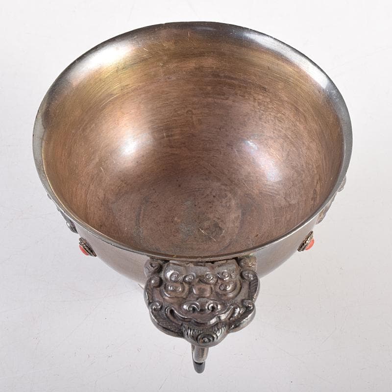 中国　白銅　神獣刻　玉石装飾　取手付杯　約167g　M　R8495