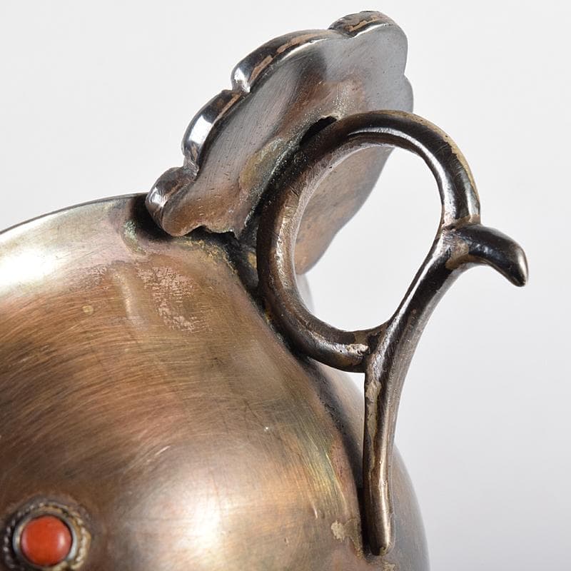 中国　白銅　神獣刻　玉石装飾　取手付杯　約167g　M　R8495