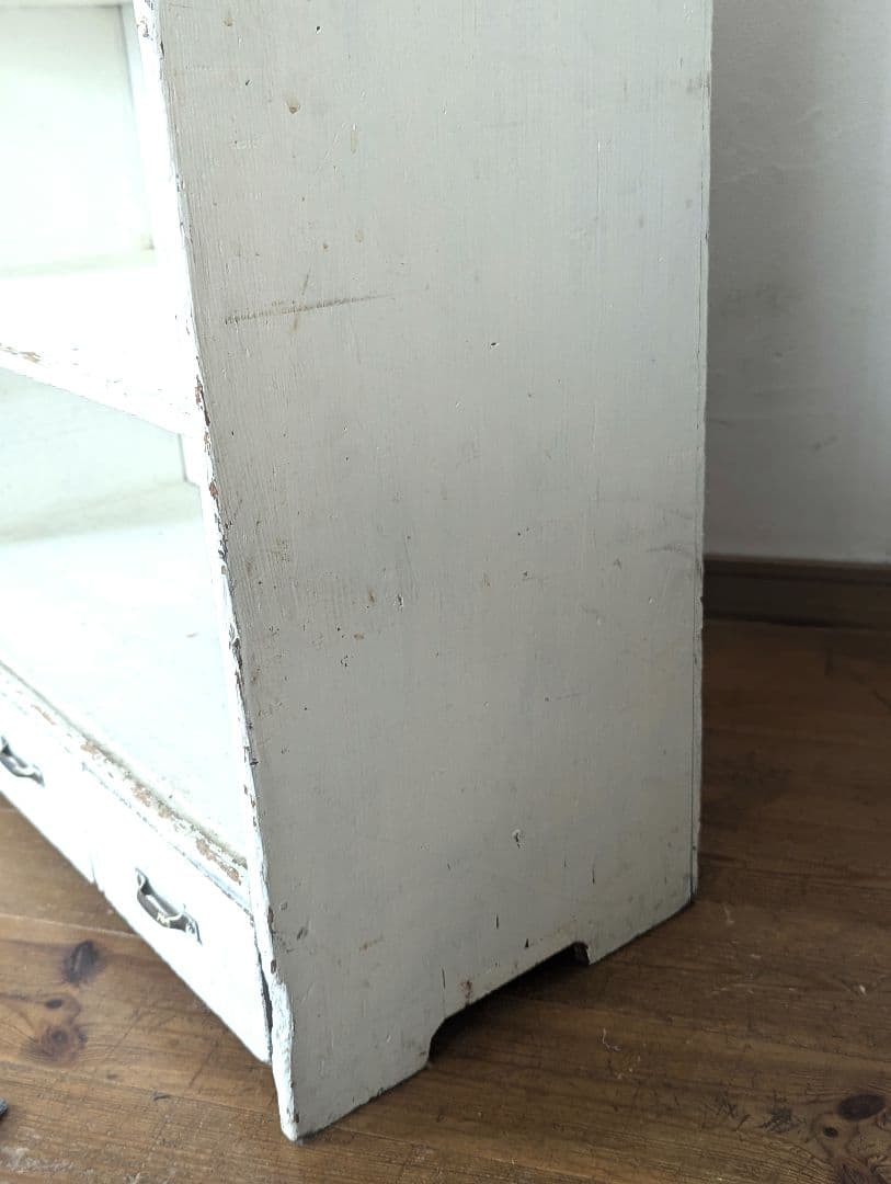 アンティーク　古道具　ホワイト木製3段シェルフ 引き出し付き