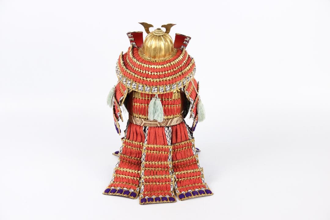 明治 谷本要助作 武者 赤糸威 金色兜 蝙蝠男面 鎧飾り 共箱 EG1-08