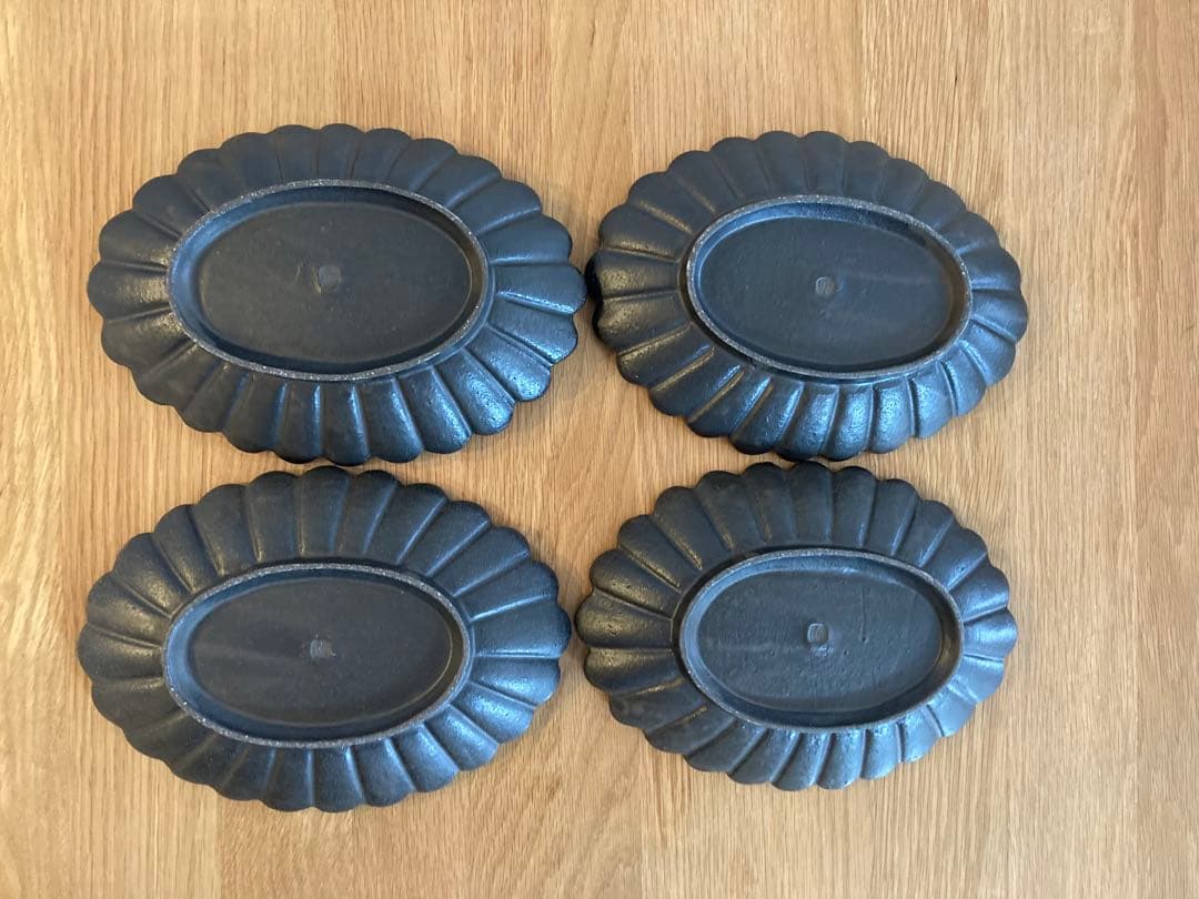 【未使用】高島大樹さん 黒釉 輪花 楕円皿 4枚セット