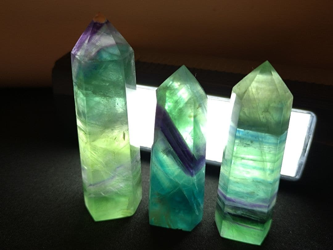グリーン フローライト　ポイント　3本 セット　フェザー　蛍石　蛍光