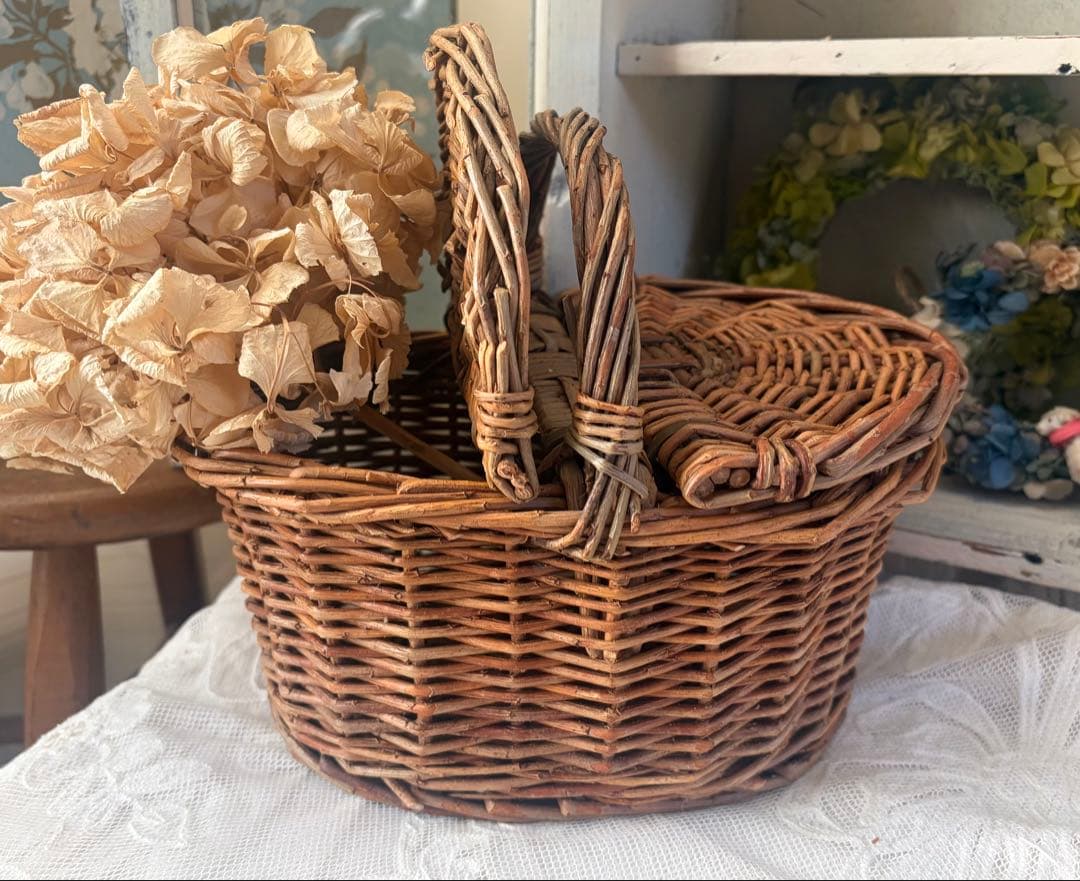 フランスアンティーク パニエ 木製 バスケット 藤 かご 籠 ボックス 蚤の市