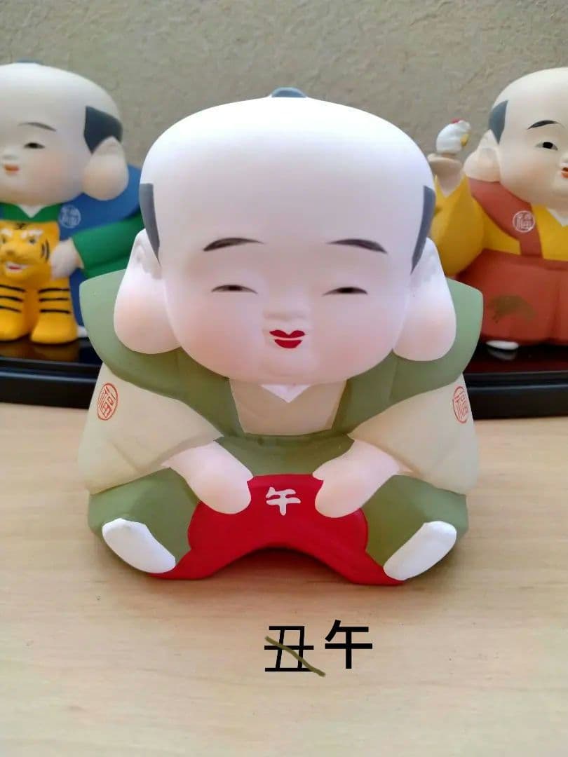 干支、縁起物福助人形十二個勢揃い、日本製陶器