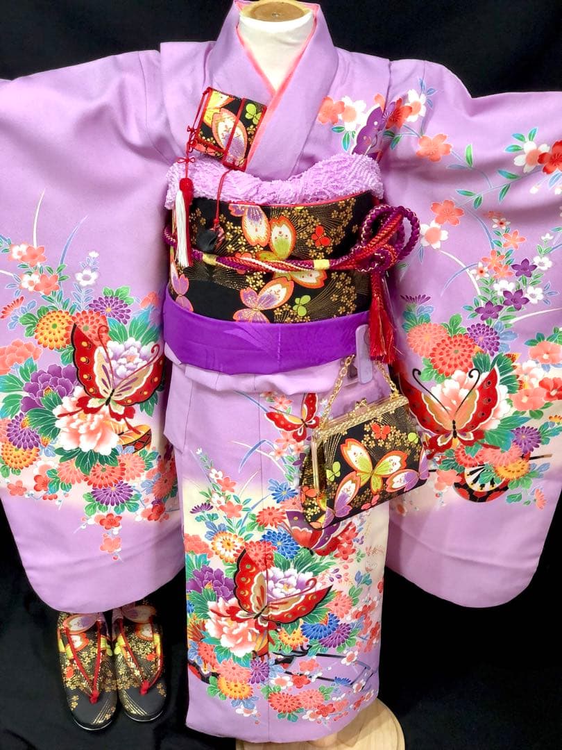 七五三　7歳　女の子　藤色　薄紫　四つ身　着物　作り帯　セット　753 七歳