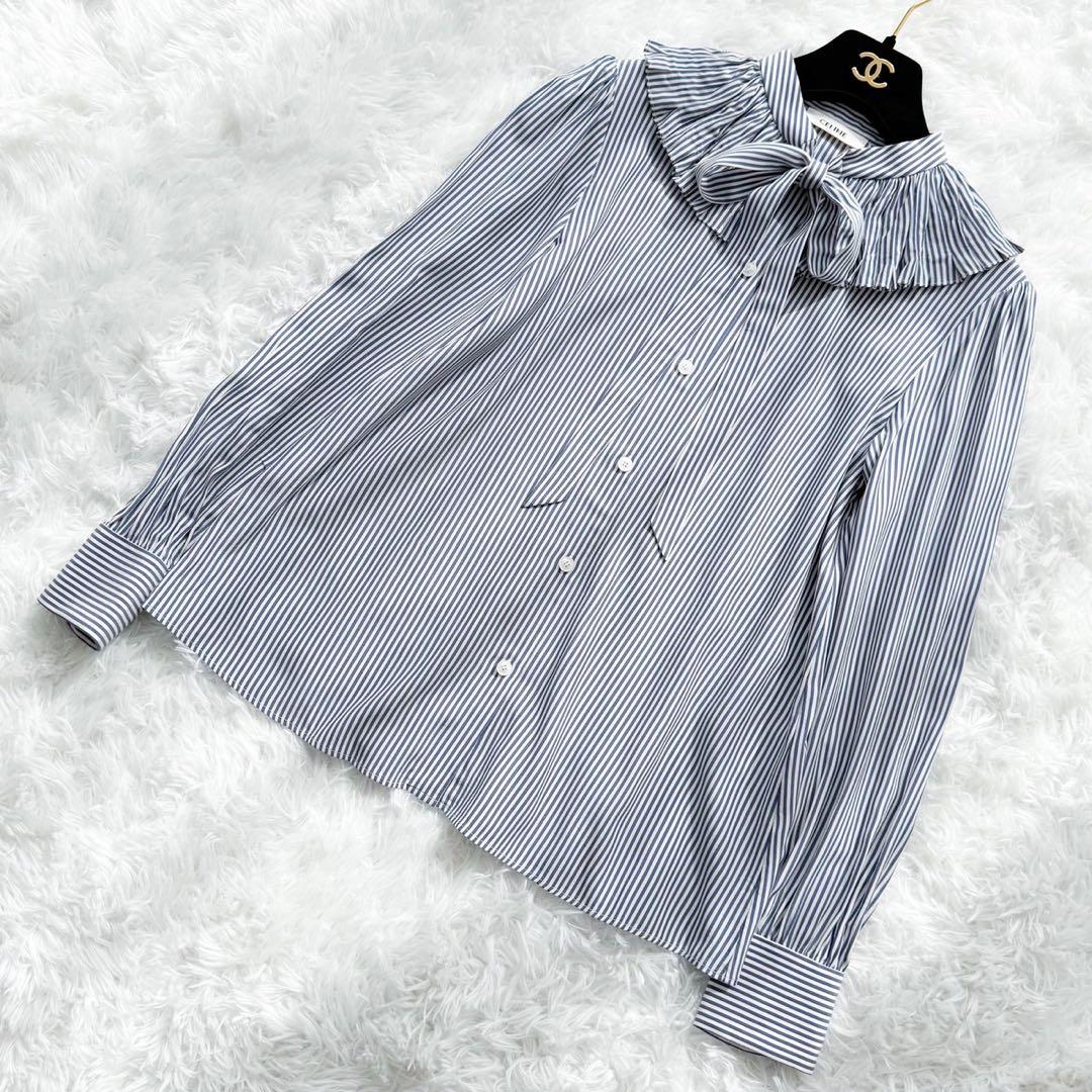 CELINE エディ期 ボウタイ付フリルカラーブラウス シルク ストライプ 34