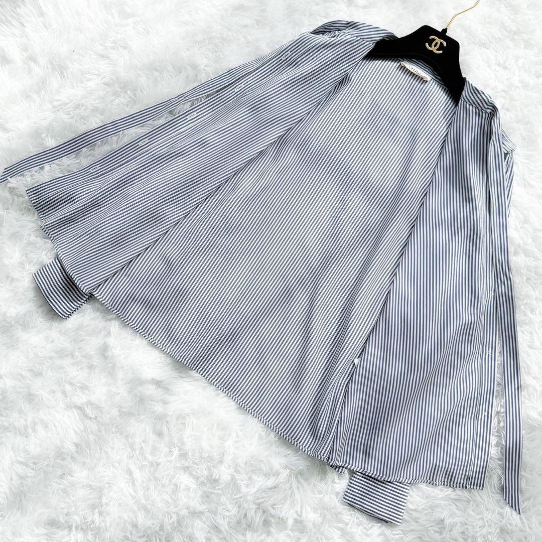 CELINE エディ期 ボウタイ付フリルカラーブラウス シルク ストライプ 34