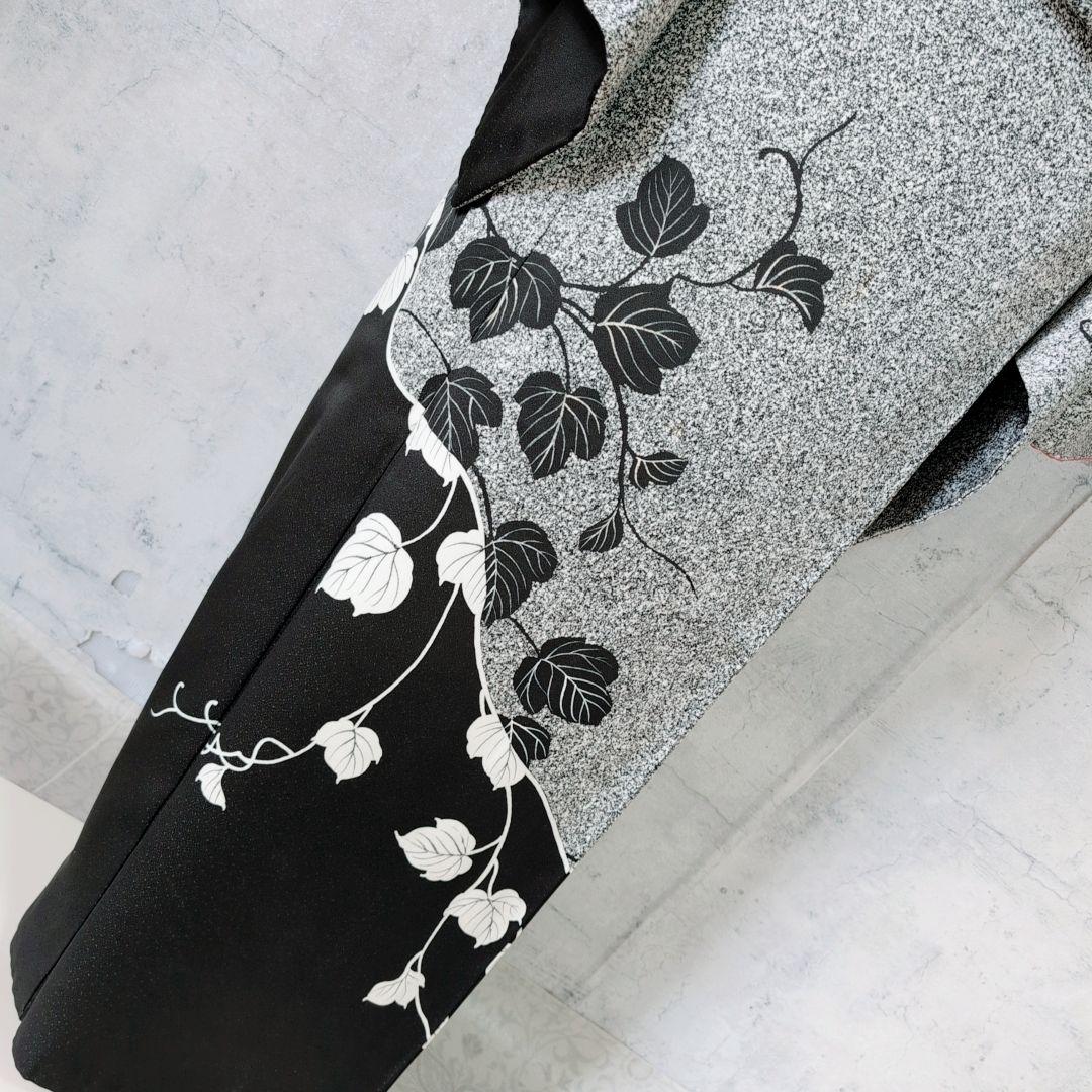 訪問着　フルセット　着物　正絹　たたき染め　白黒　モノトーン　シック　蔦　F5