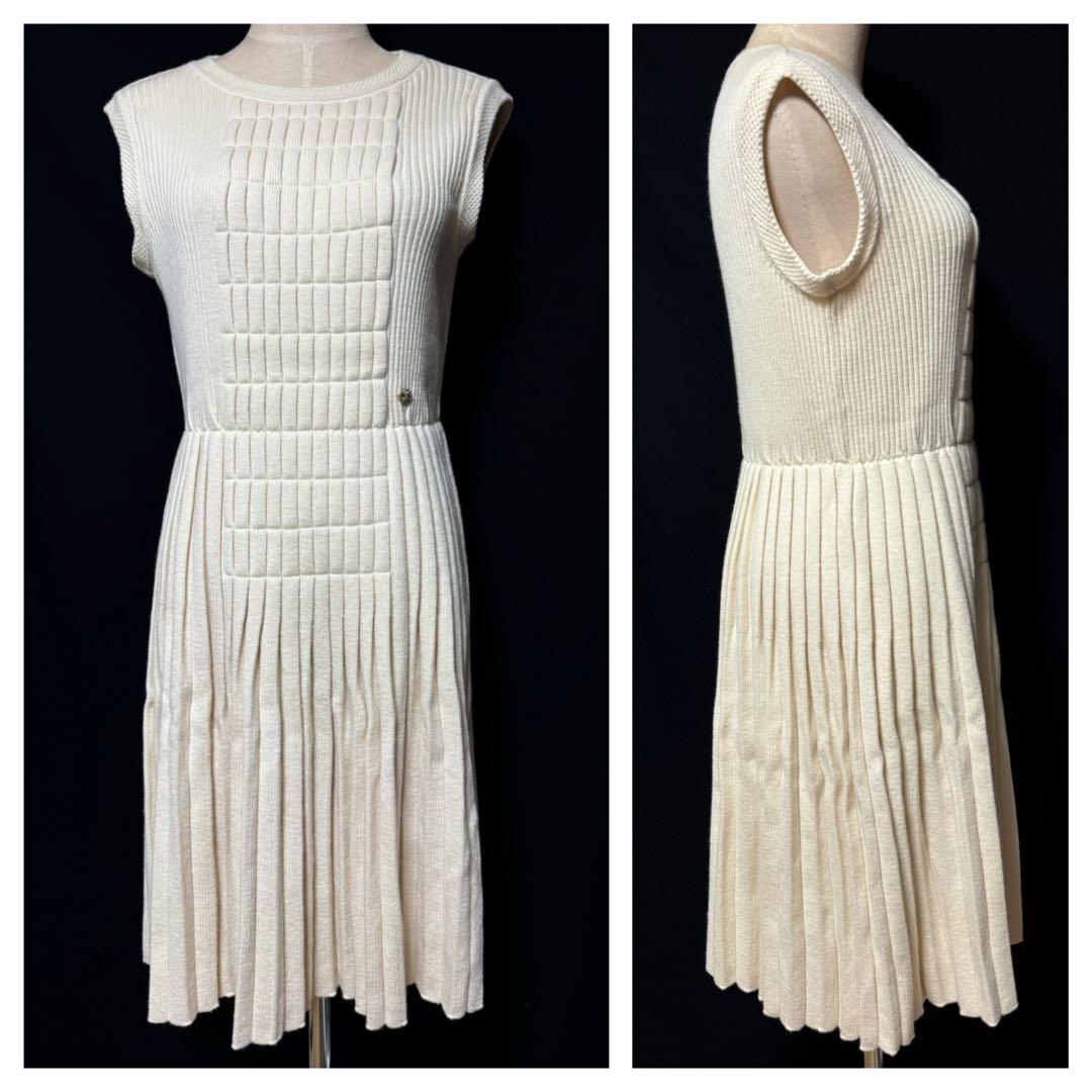 本物 美品 シャネル COCO装飾 ブロックデザイン プリーツ ワンピース 42