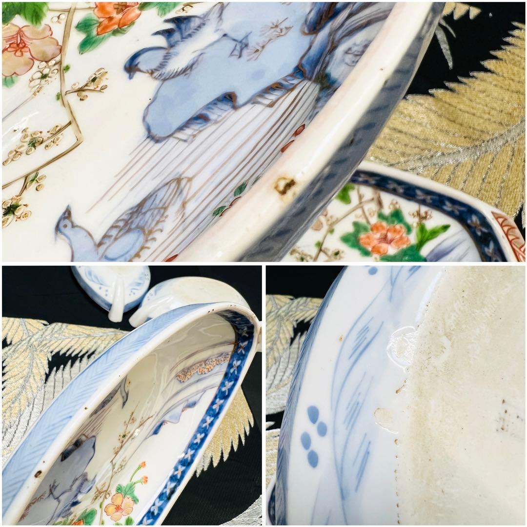 希少品　有田焼　古伊万里　染錦手　献上手川に鴛鴦花絵皿　宝舟型皿　5枚　明治江戸