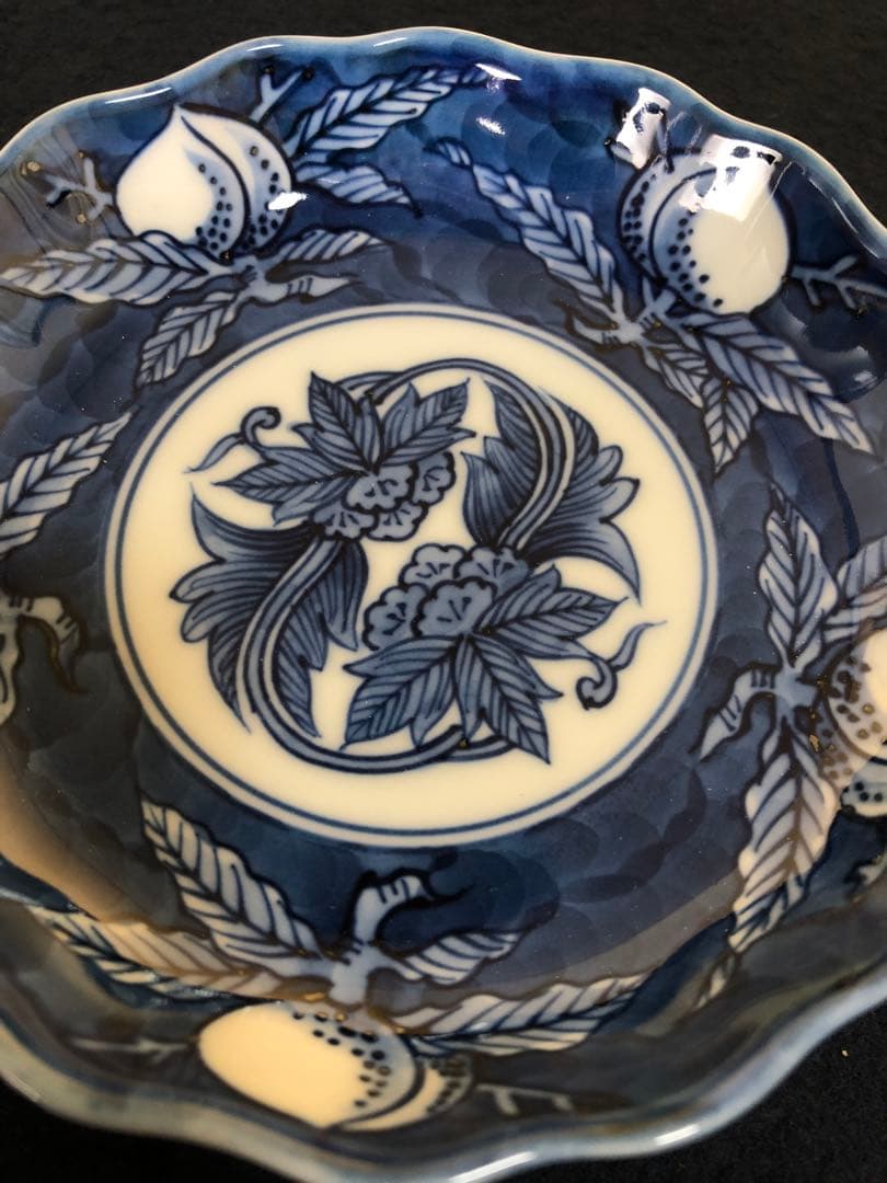 《レ》有田焼 源右衛門作 染濃桃絵 輪花 小皿5客 共箱　251201お2