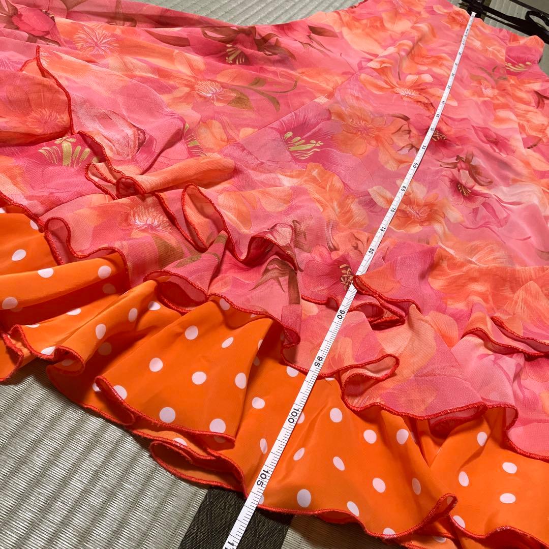 フラメンコ衣装　花柄　ファルダ　オレンジ　3段フリル　オーダーメイド