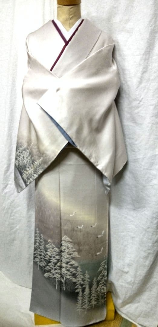 高級付け下げ、シルバー、山水柄、未使用