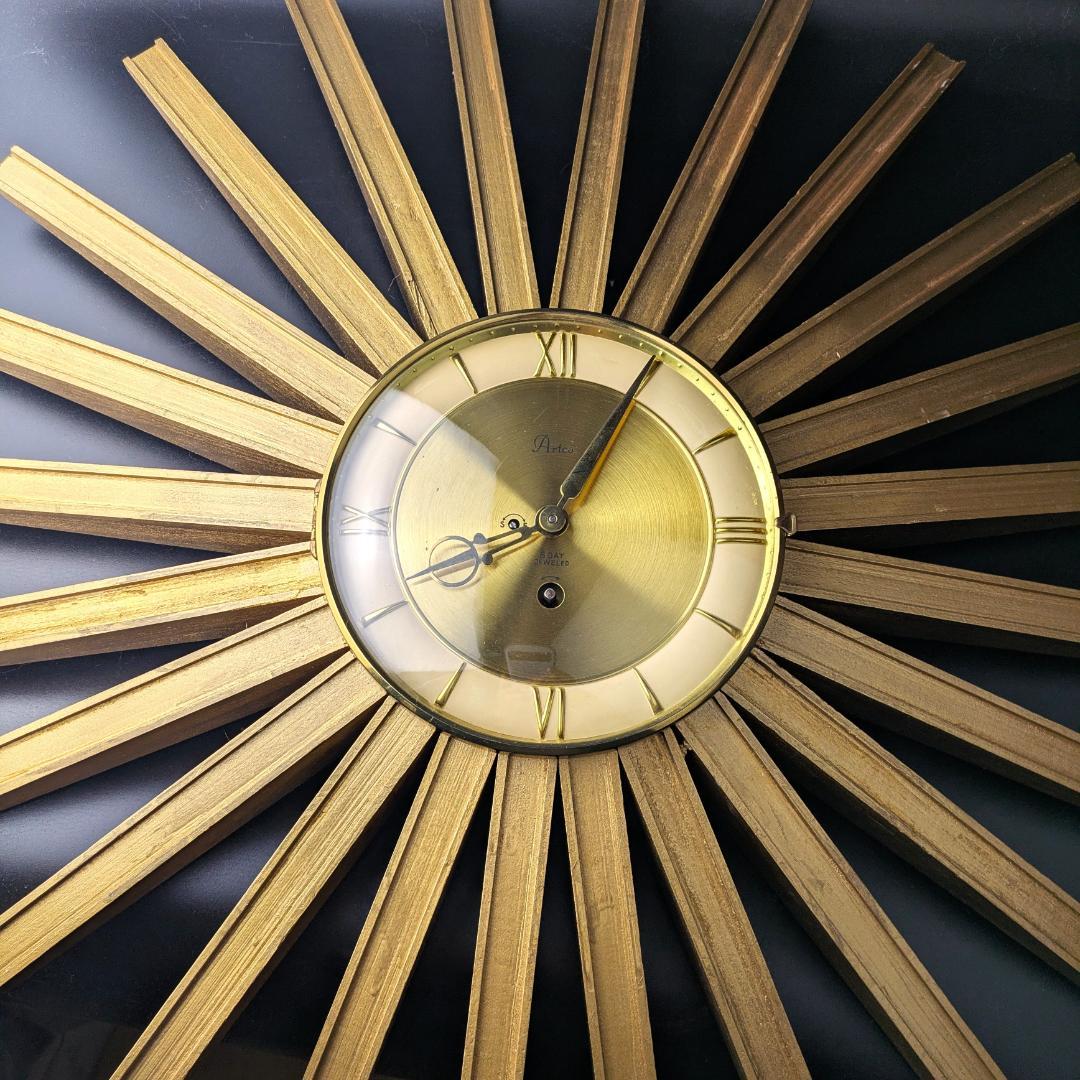 USA Artco社 木製サンバースト 金色 手巻掛時計 58cm ビンテージ