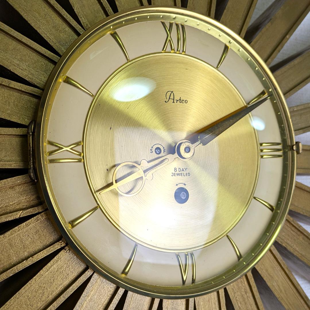 USA Artco社 木製サンバースト 金色 手巻掛時計 58cm ビンテージ
