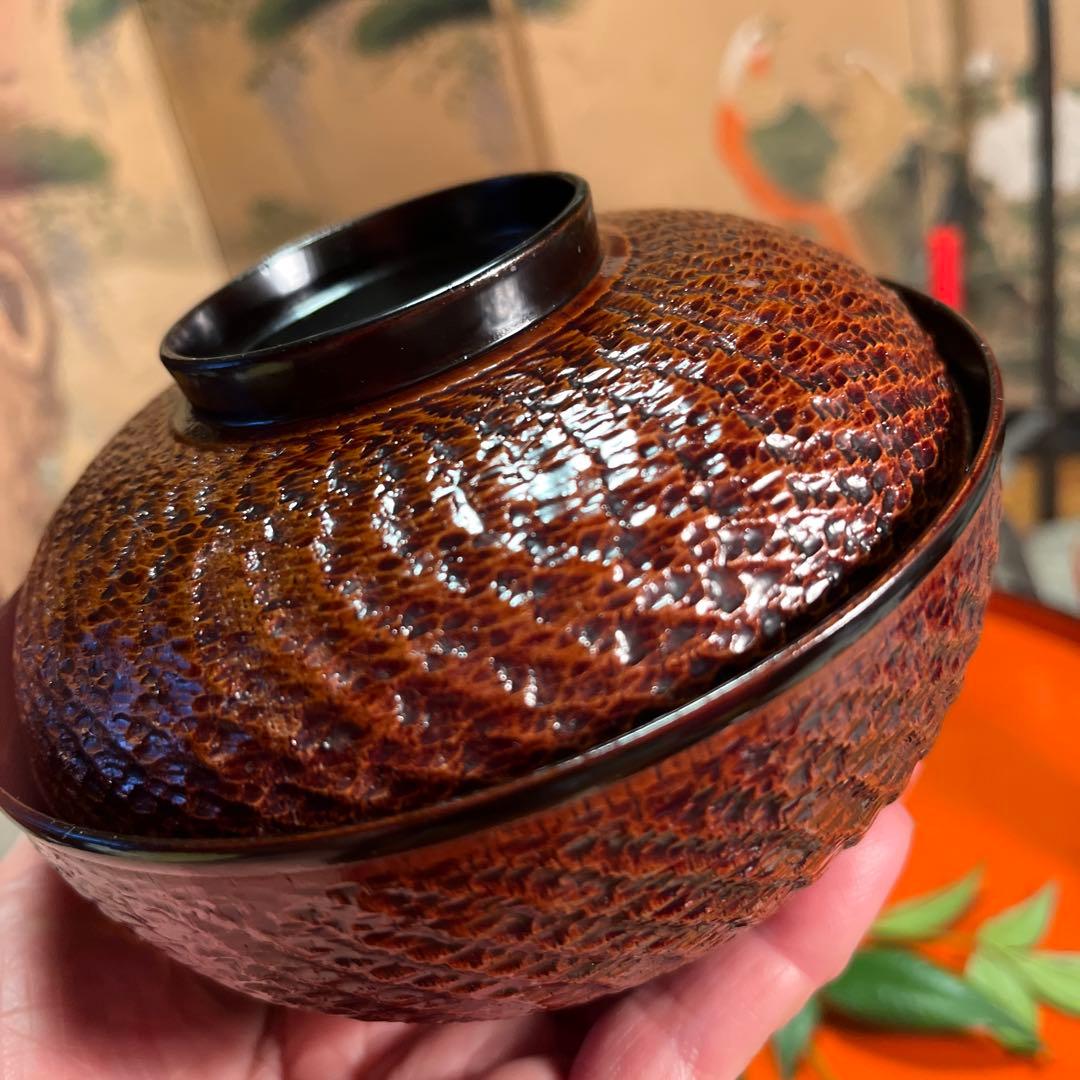 A1029 木製輪島塗　富士月　闇蒔絵　流水に亀蒔絵　吸い物庵5客