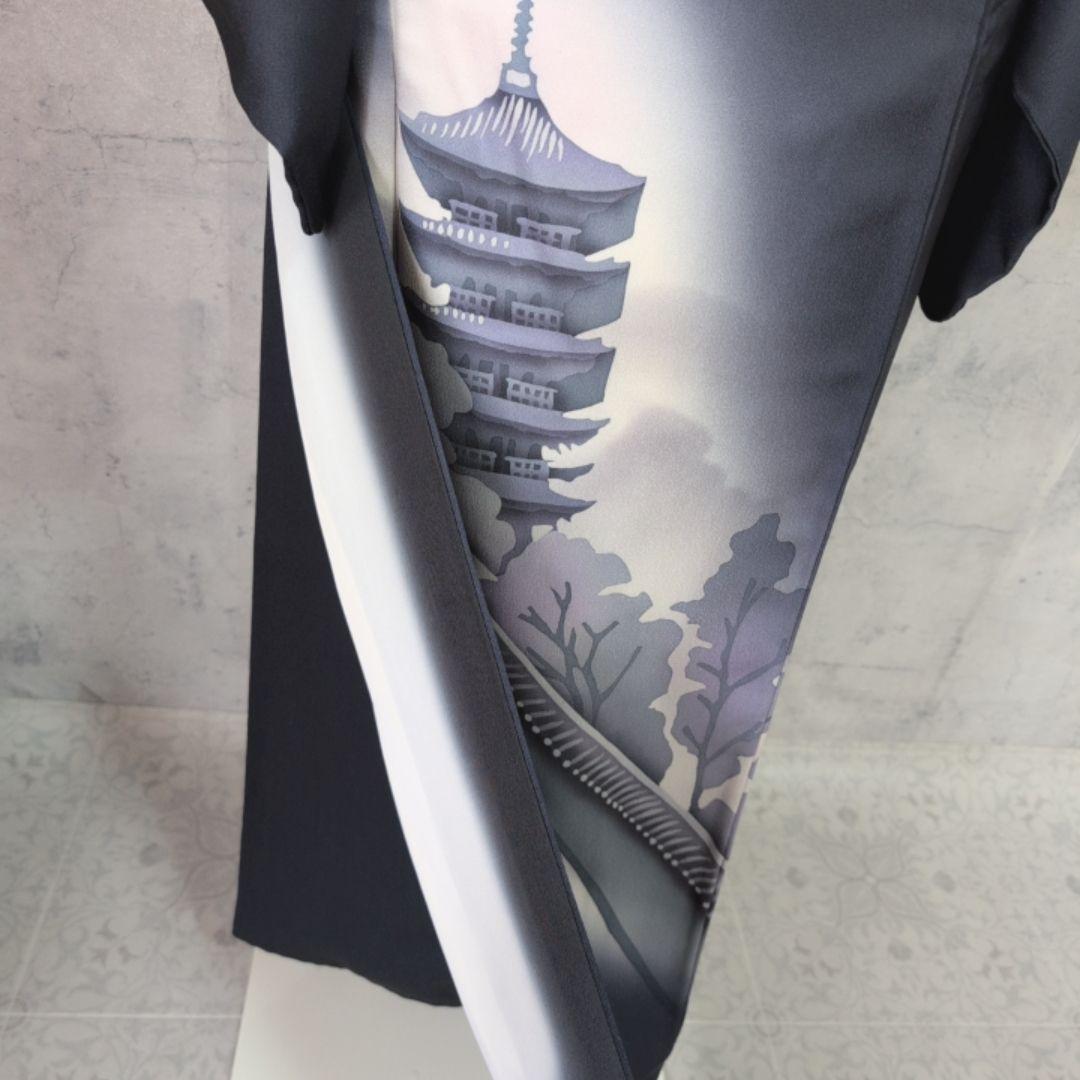 訪問着　フルセット　着物　正絹　粋　墨黒　五重塔　風景模様　かっこいい　F2