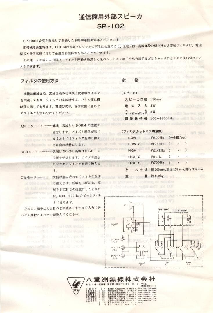 Y*A様 YAESU SP-102 通信機用外部スピーカ