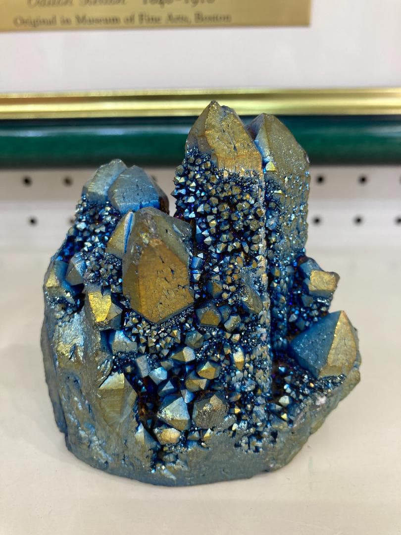 オーラ原石 ブルー＆金色 天然石 クラスター ポイント 413g 城 シンデレラ