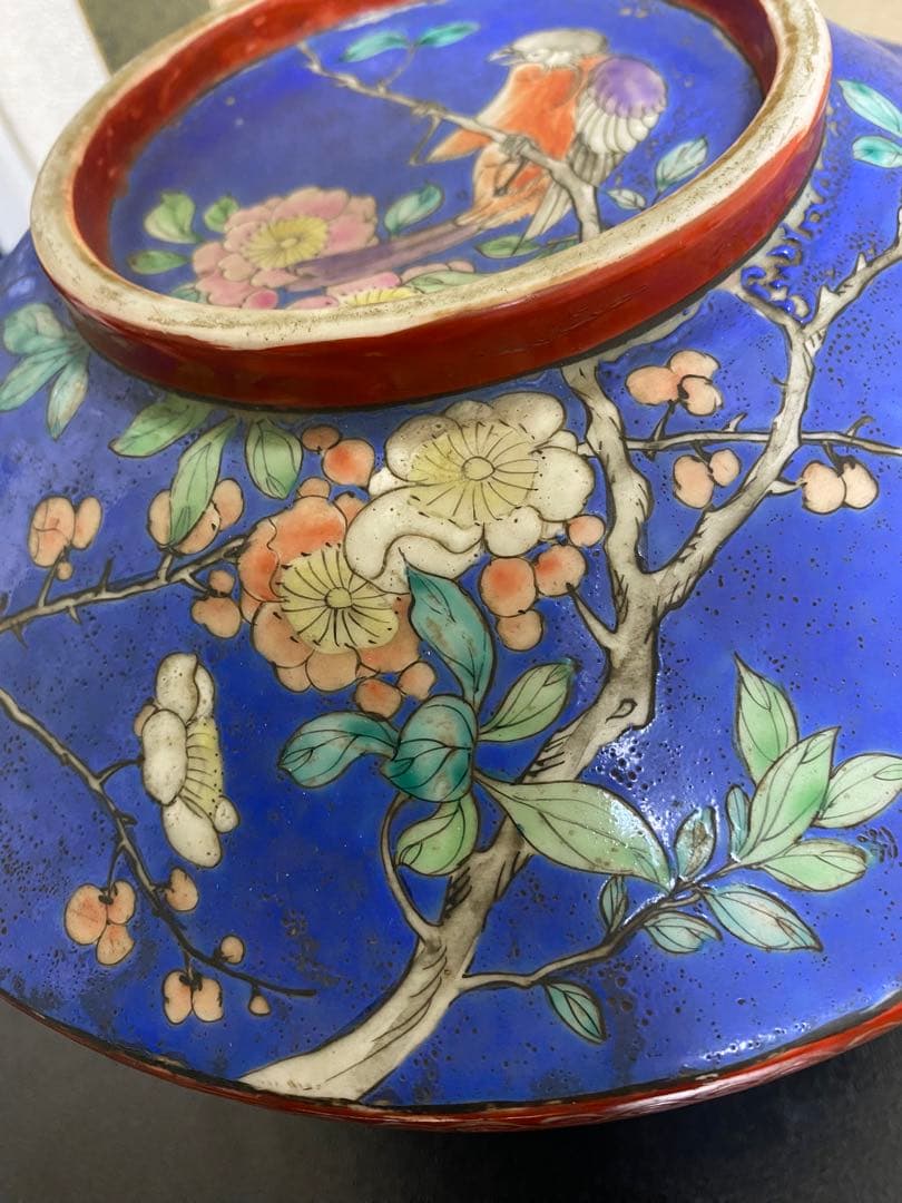 清朝　中国美術 色絵花鳥図蓋物 骨董品保証