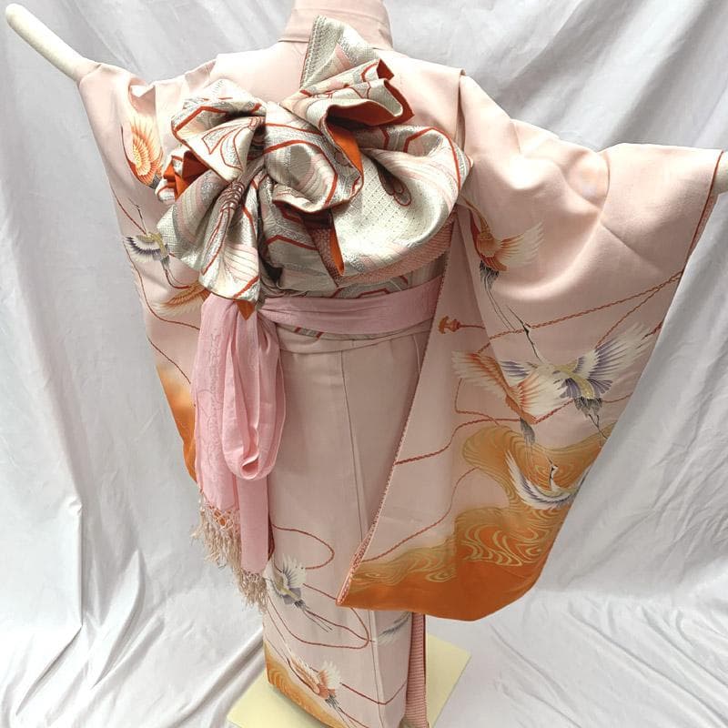 508ag35■七五三 七歳 女児 着物&袋帯&長襦袢 鶴 流水結び紐■状態良好