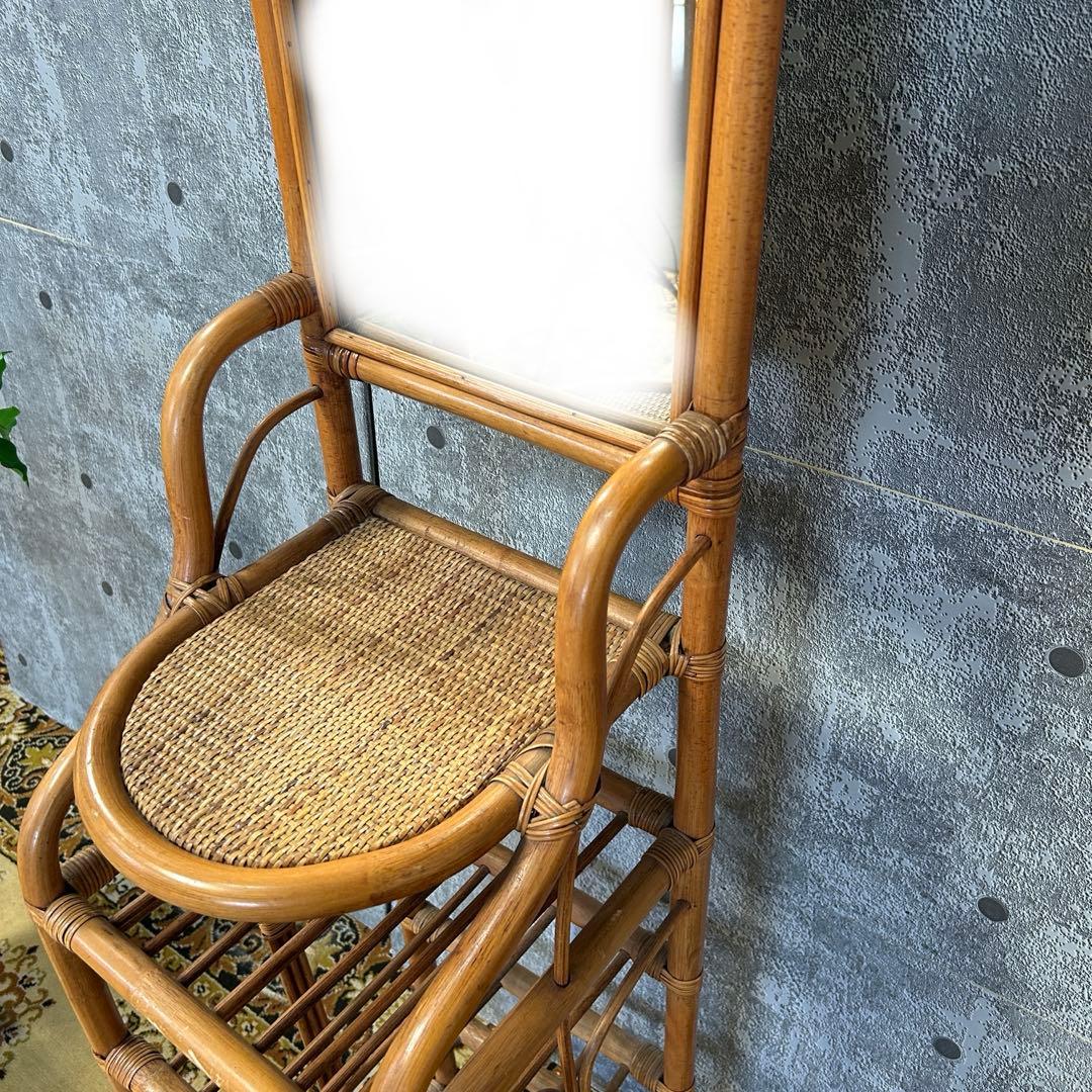 ꧁籐家具꧂ミラー付ラタンスリッパラック シューズ 靴 鏡 玄関収納 昭和レトロ