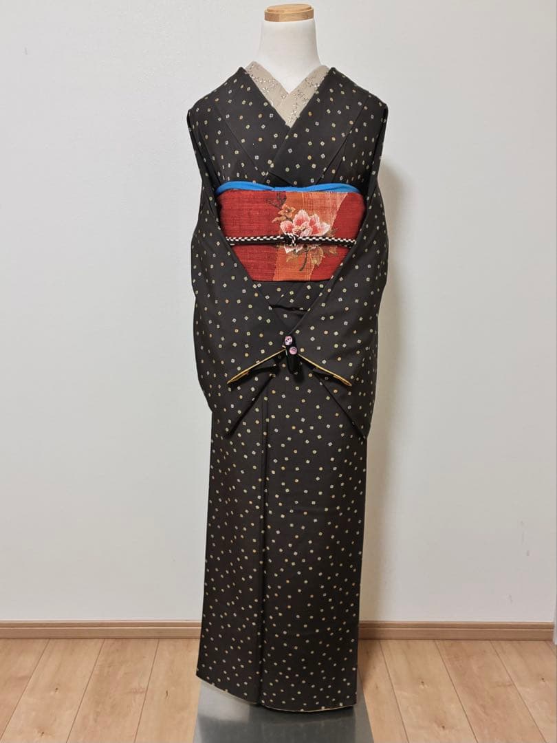 袷　小紋　スクエア幾何学　裄68cm 正絹
