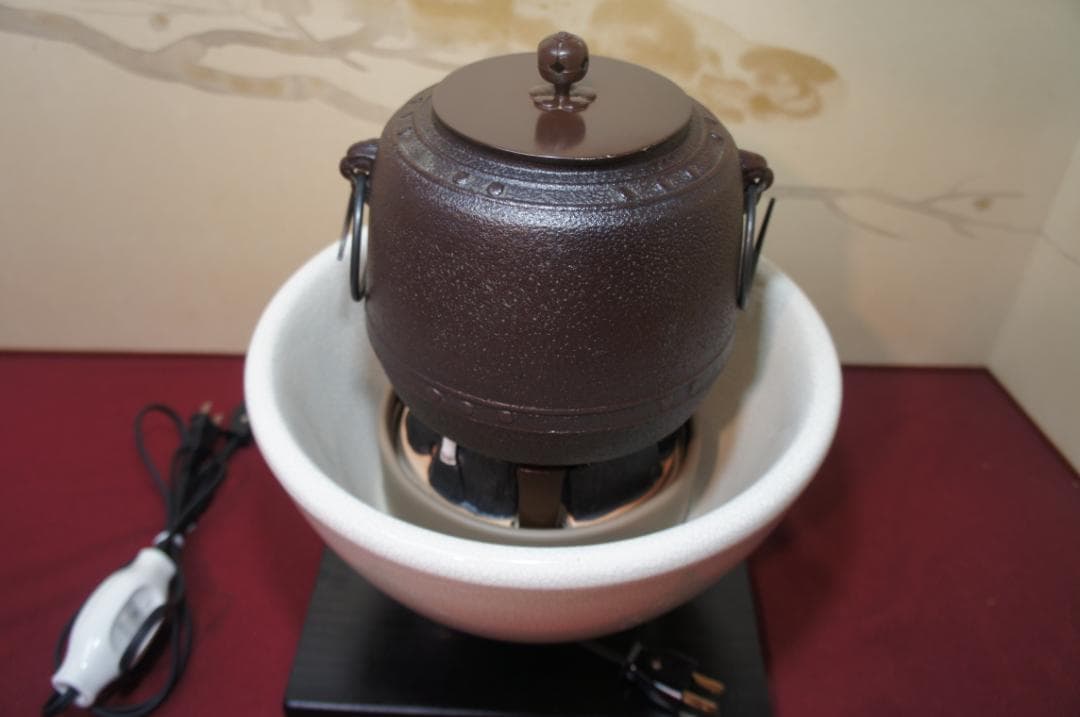 ☆ 野々田 さつま風炉(紅鉢型)電熱器 在銘 萬代屋小釜 釜鐶他フルセット送料込