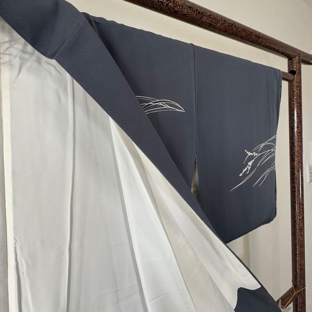 しつけ付き　正絹　袷　現代　広襟　訪問着　着物　165 二代目　山田栄一　紺　青