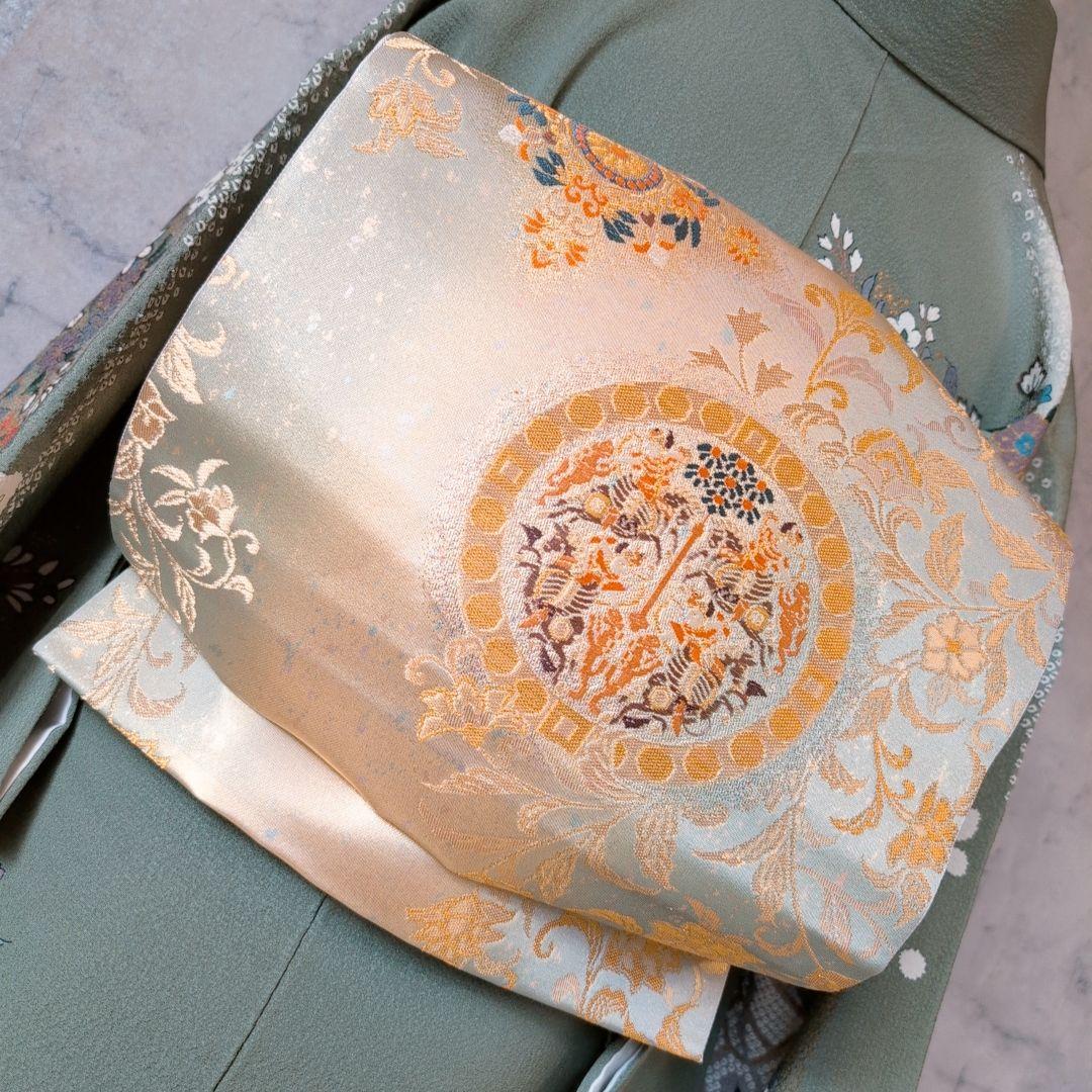 訪問着　フルセット　着物　正絹　緑　金　花　華やか　祝い事　D2