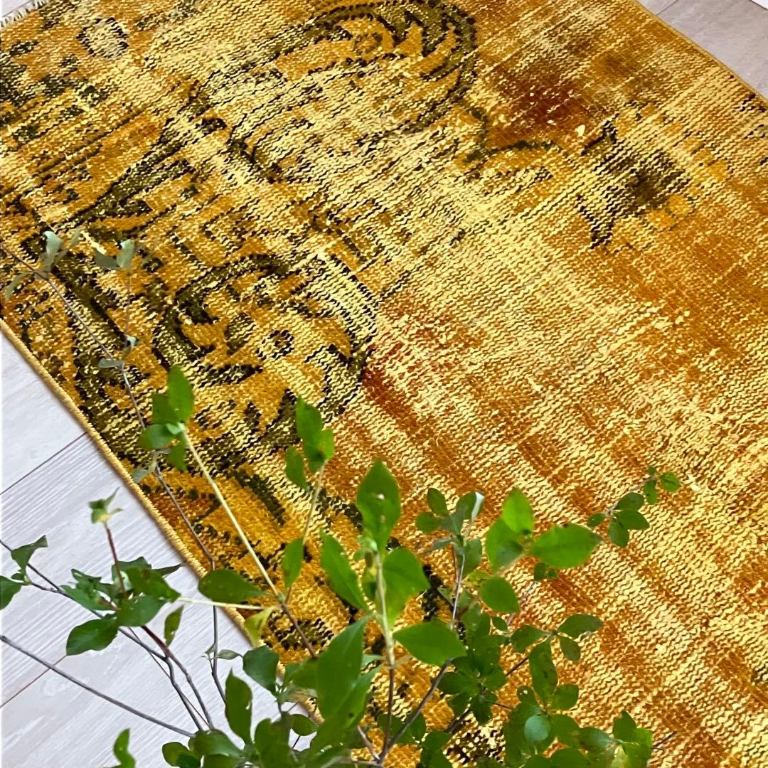 超ロング/オーバーダイ　幸福イエロー　グリーン　ランナー　トルコヴィンテージラグ