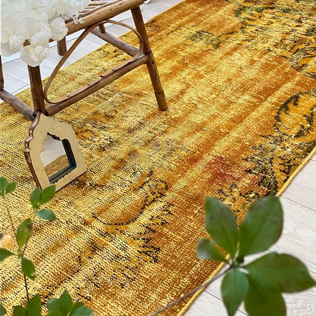 超ロング/オーバーダイ　幸福イエロー　グリーン　ランナー　トルコヴィンテージラグ