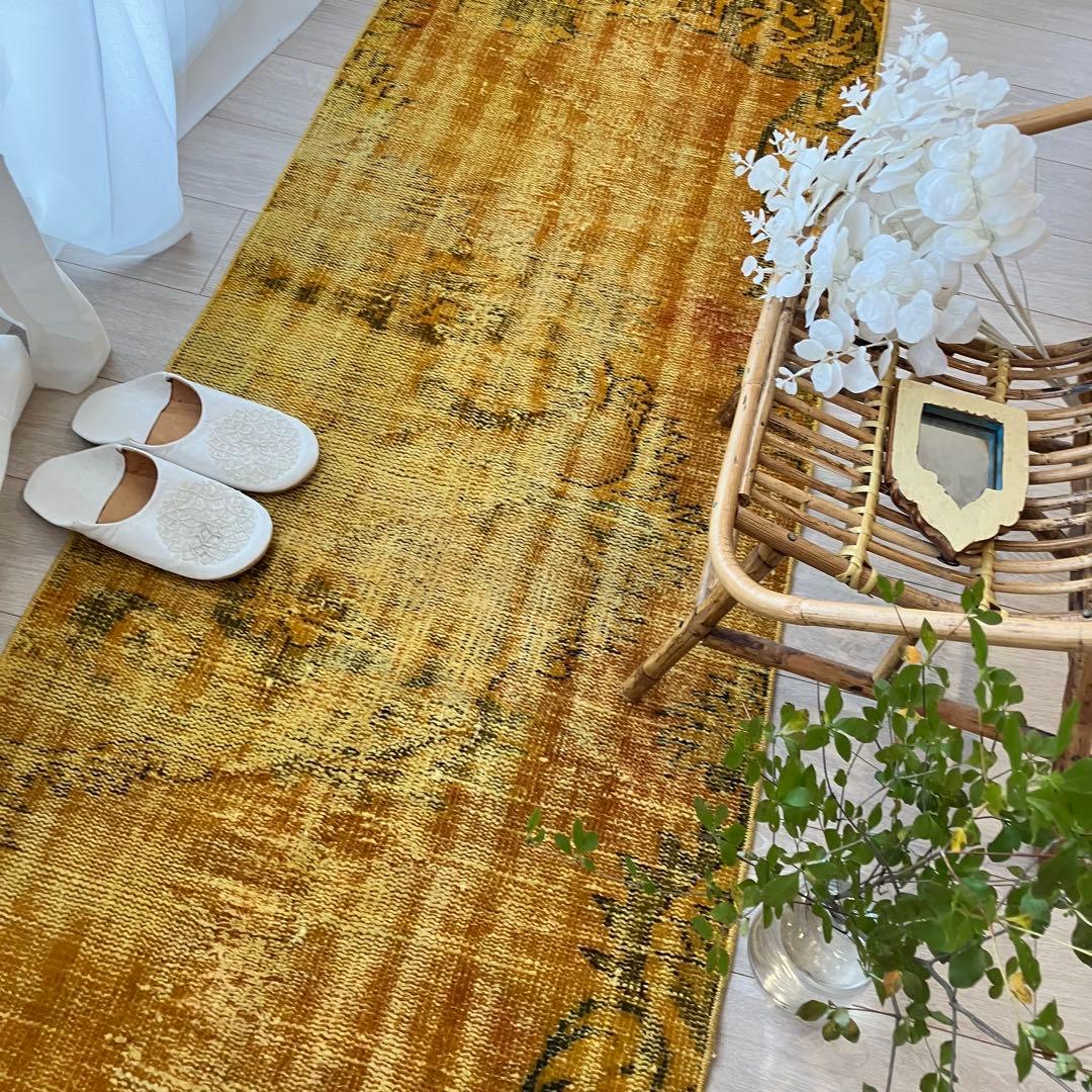 超ロング/オーバーダイ　幸福イエロー　グリーン　ランナー　トルコヴィンテージラグ