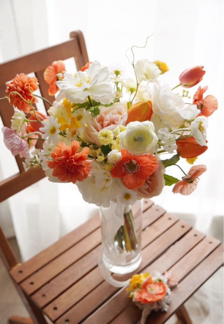 【美品】オレンジホワイト造花ブーケ