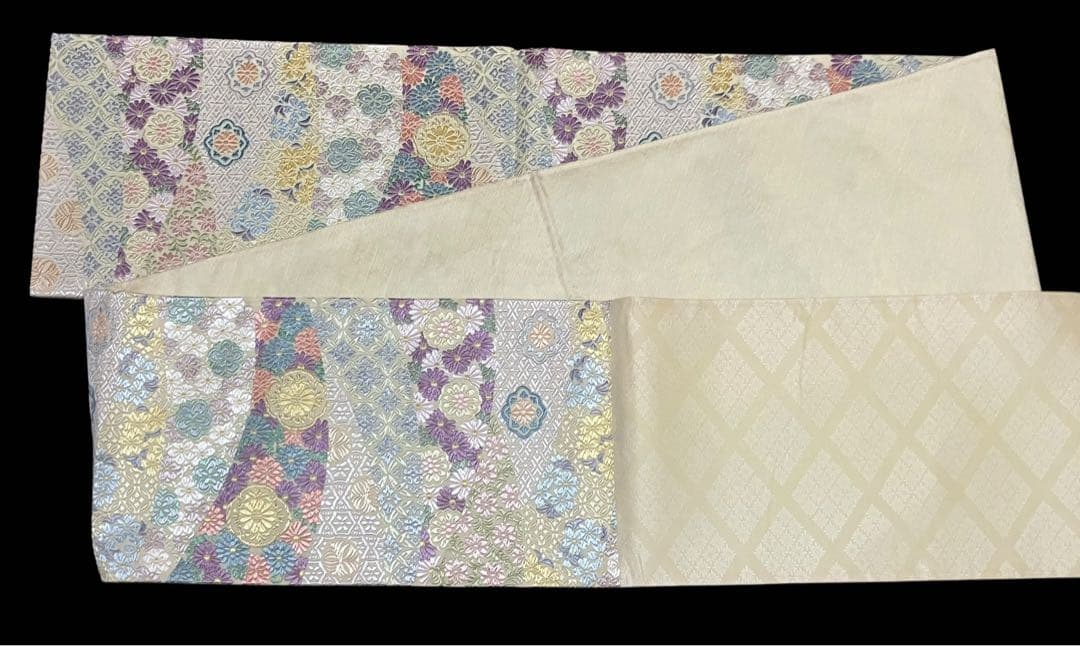 唐織春秋 袋帯 六通柄 正絹 新小石丸 花文 菊 桜 吉祥文様 美品 イ6362