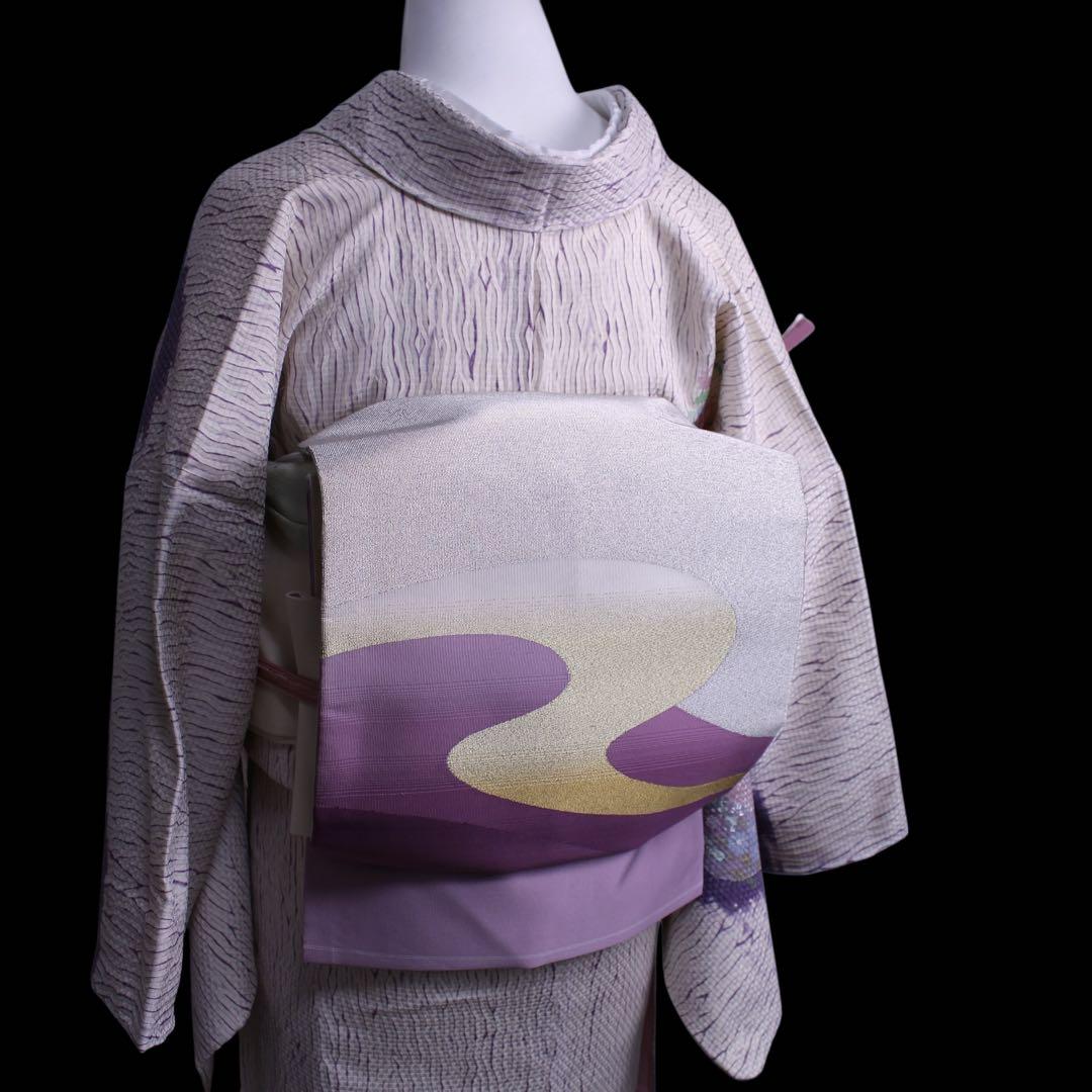 美品　板締め絞り菊模様訪問着/裄65 白　紫　ピンク　d14