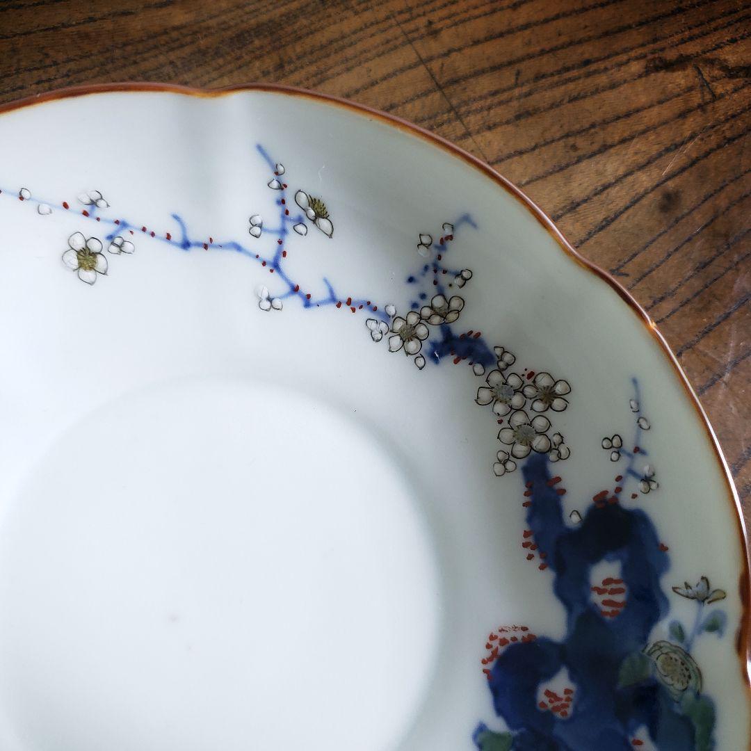 八花弁皿 染付 色絵付 取り皿 なます皿 岩 梅 菊 銘 明治 イ号