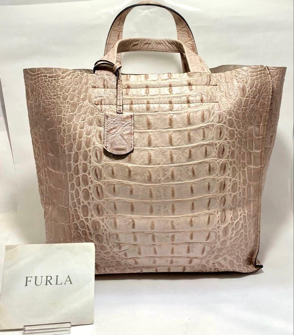 FURLA フルラ クロコ型押し ハンドバッグ ピンクベージュ 未使用保管品