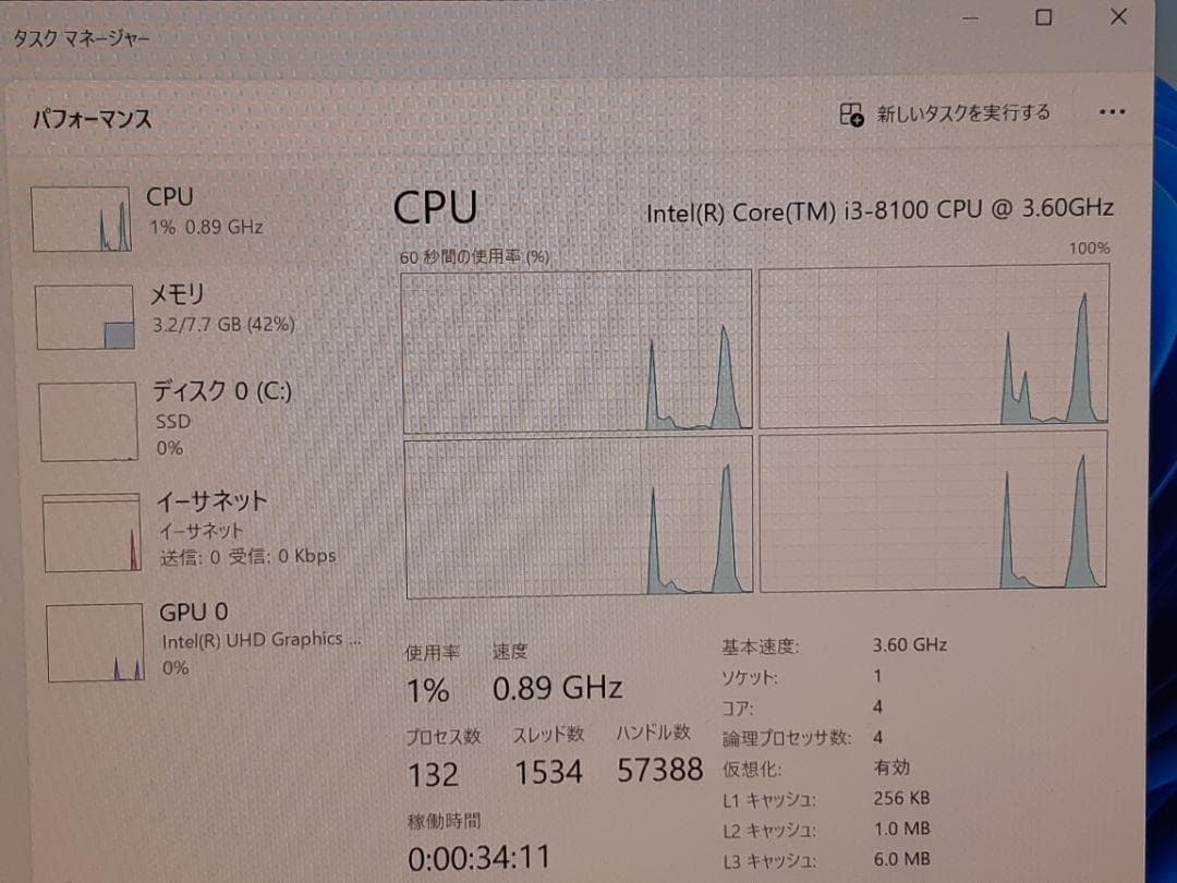 自作PC　i3 8100・8GB・SSD180GB・Win11
