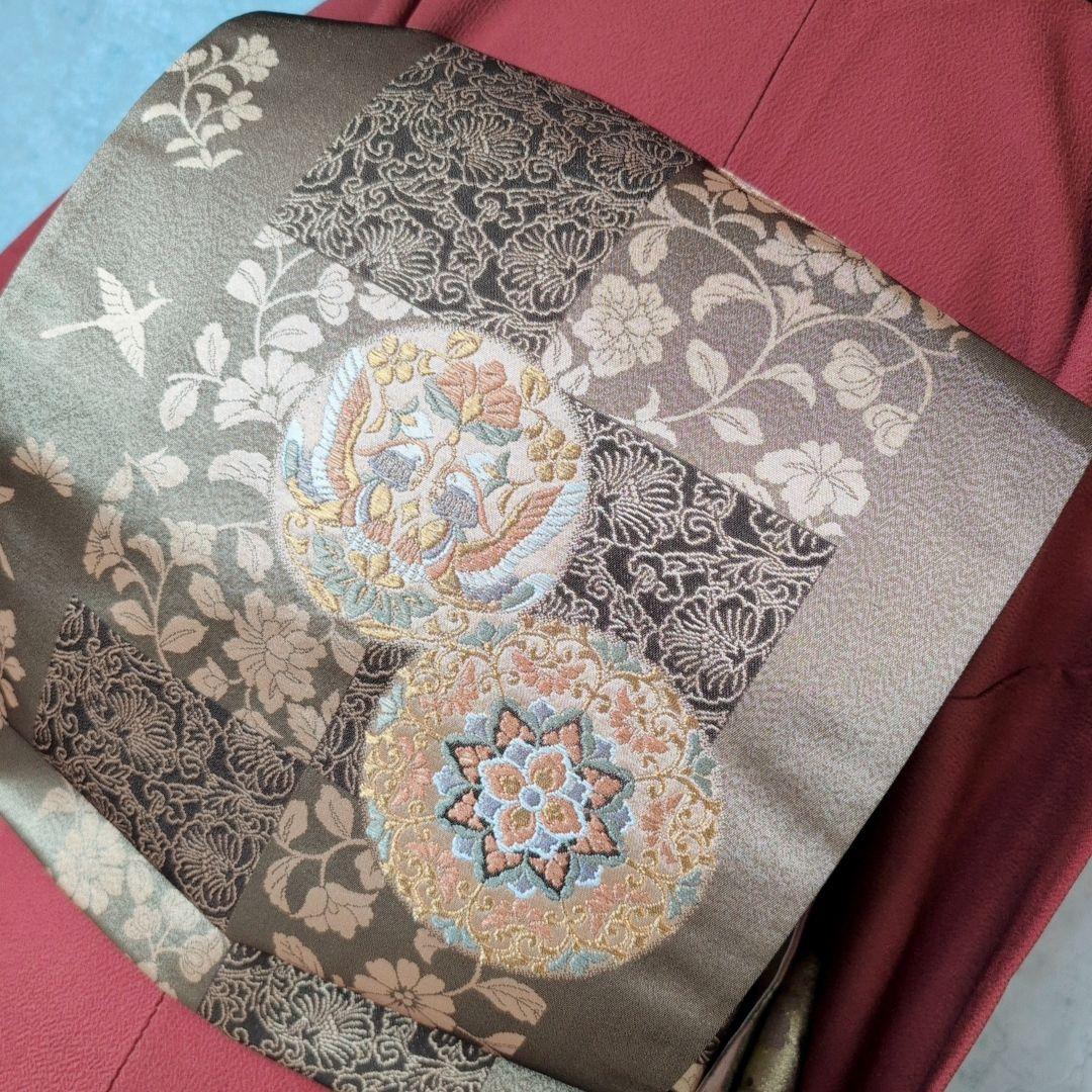 訪問着　フルセット　着物　正絹　赤　金　楽器　笛　バチ衿　O5